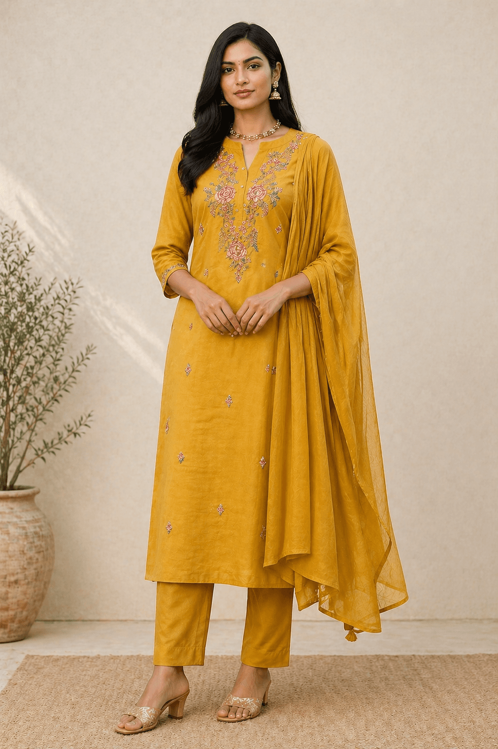 Mustard Yellow Embroidered Kurti