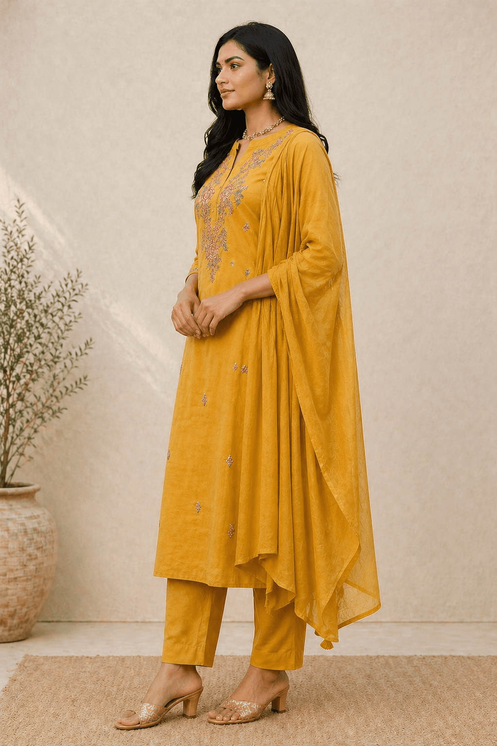 Mustard Yellow Embroidered Kurti view 2