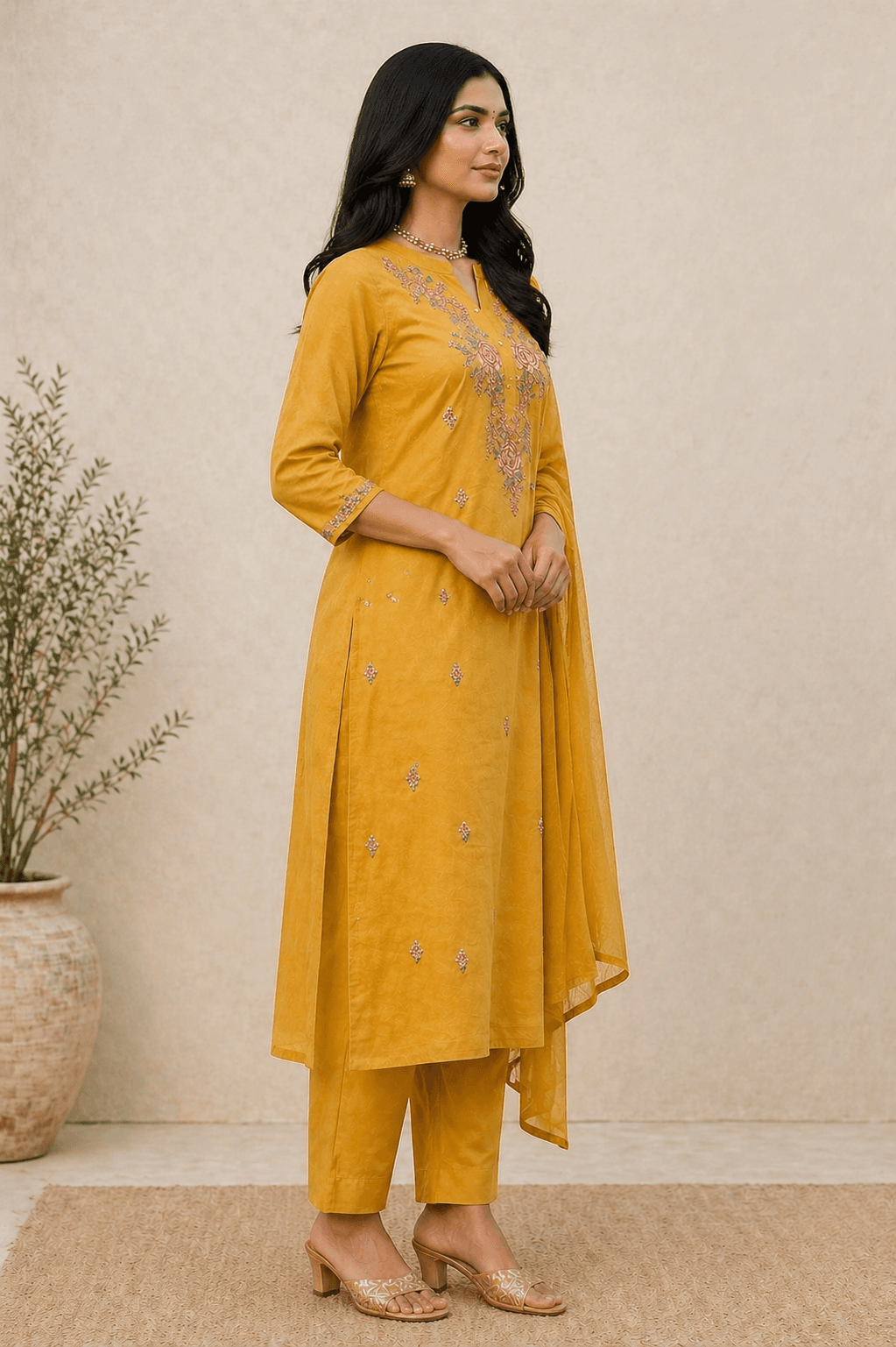 Mustard Yellow Embroidered Kurti view 3